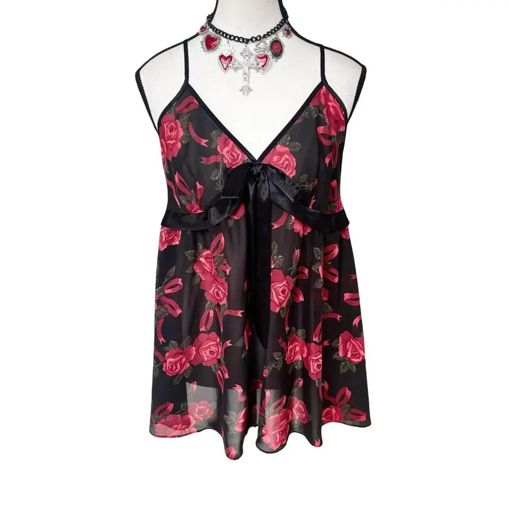 90's y2k vtg. Black Roses Ribbon Baby Doll Sheer Blouse Top‎ Large whimsy goth